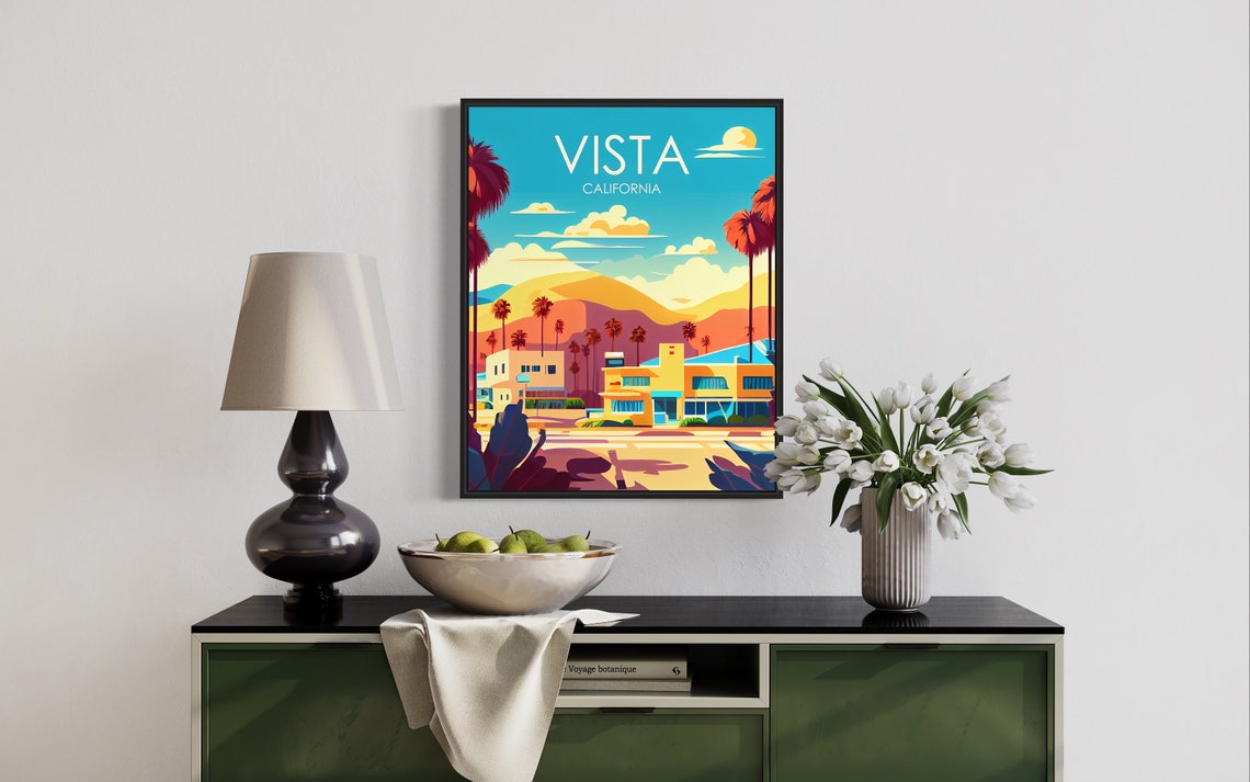 Vista California Vibrant Retro Downtown Palm Trees Travel Poster - Image 2