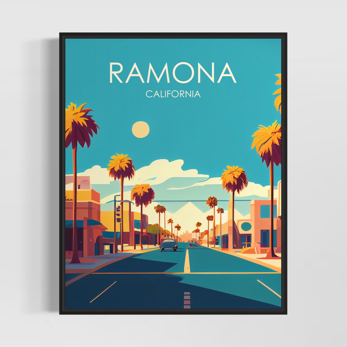 Ramona California Palm Lined Main Street Retro Travel Poster