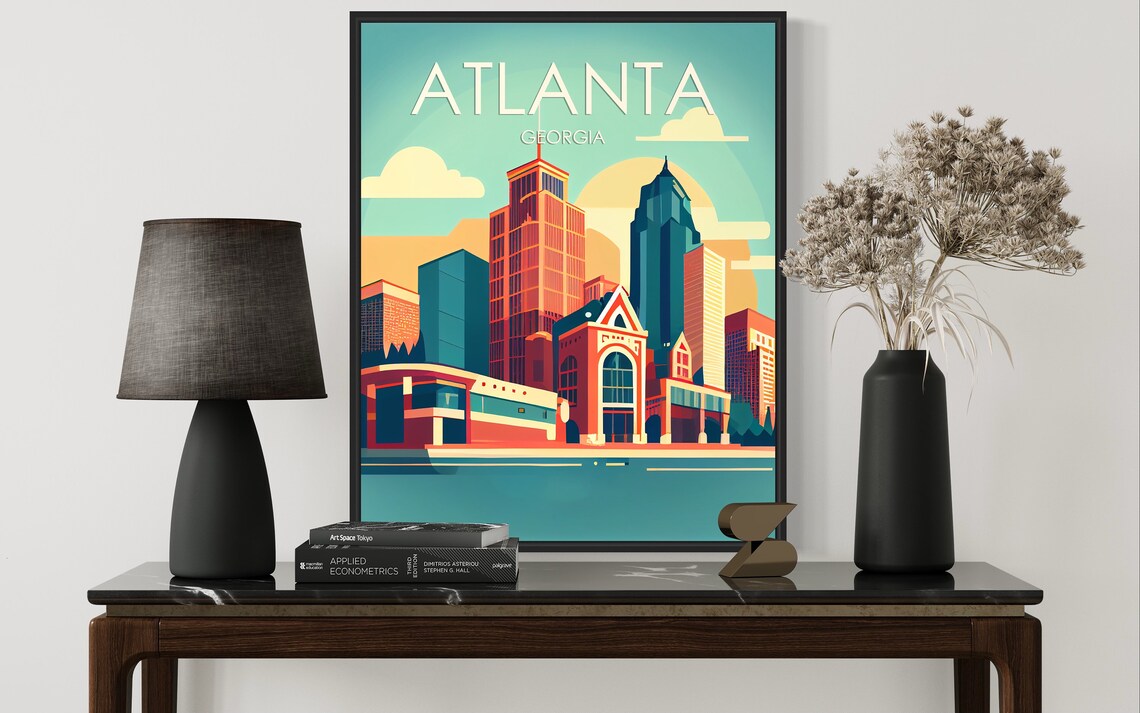 Atlanta Georgia Downtown Skyline Coral Teal Sunset City Travel Poster - Image 2