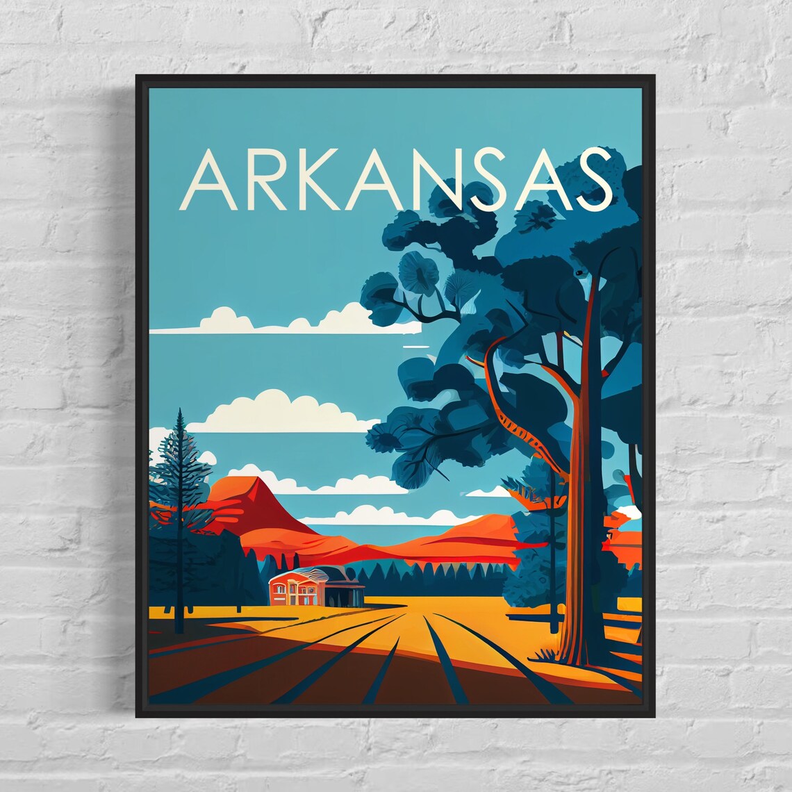 Arkansas Countryside Barn Red Hills Farm Road Retro Travel Poster