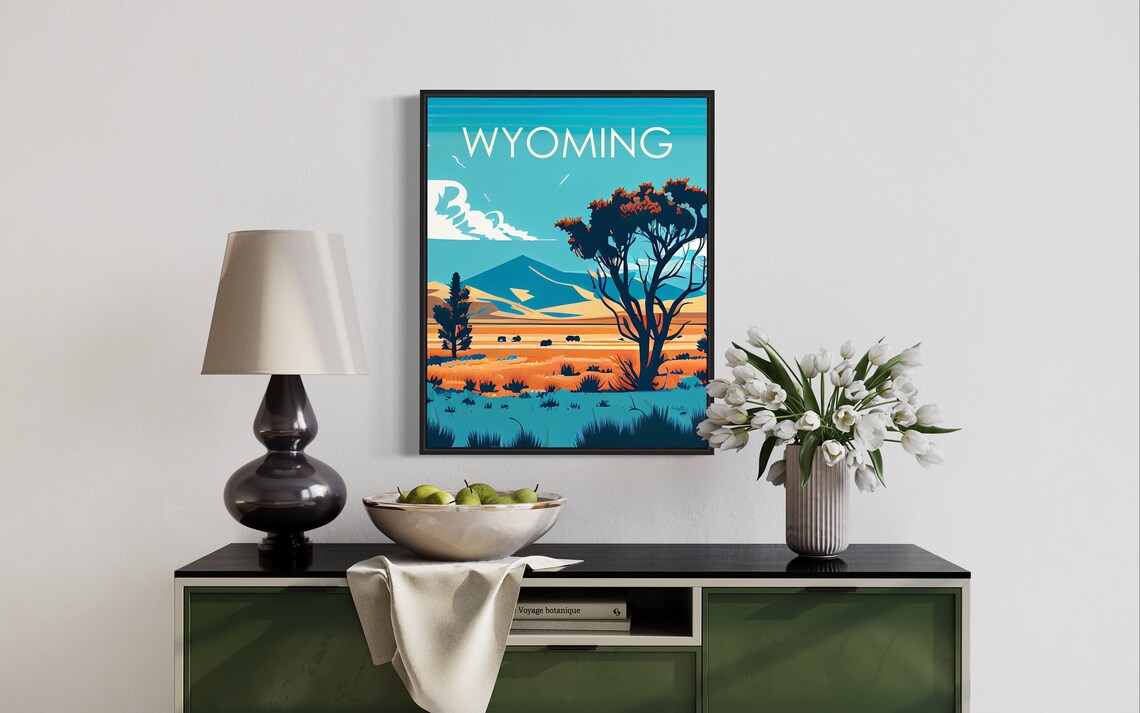 Wyoming Desert Plains Grazing Bison Retro Travel Landscape Poster - Image 3