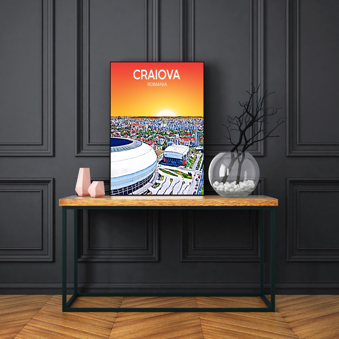 Craiova Romania Stadium Sunset Skyline Pop Art City Travel Poster - Image 3