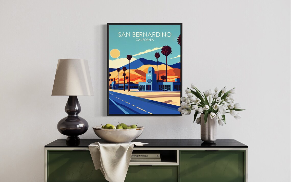 San Bernardino California Retro Palm Street Desert Hills Travel Poster - Image 3