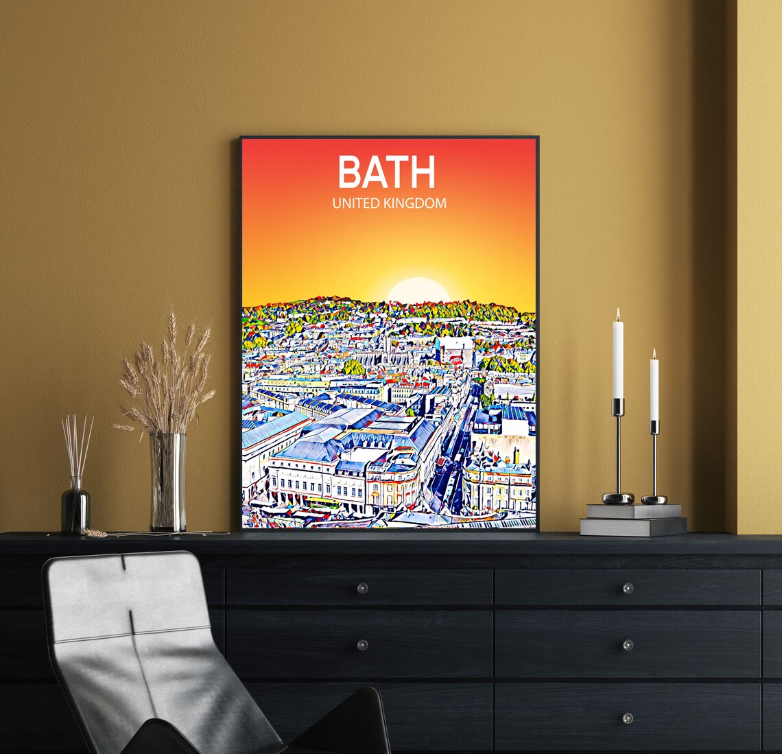 Bath United Kingdom Sunset Skyline Georgian Art Travel Poster - Image 2