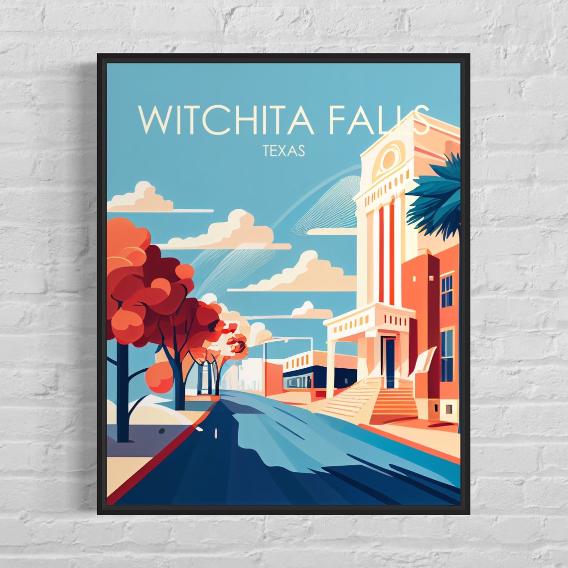 Witchita Falls Texas Downtown Street in Soft Blue Vintage Poster