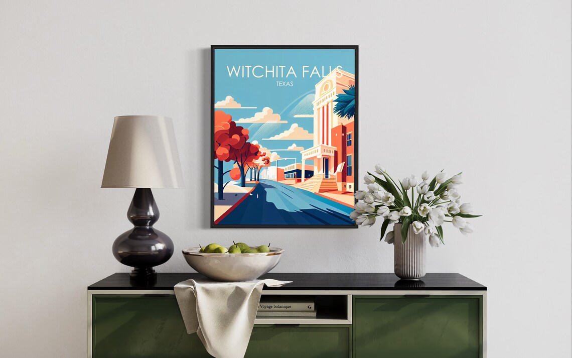Witchita Falls Texas Downtown Street in Soft Blue Vintage Poster - Image 3