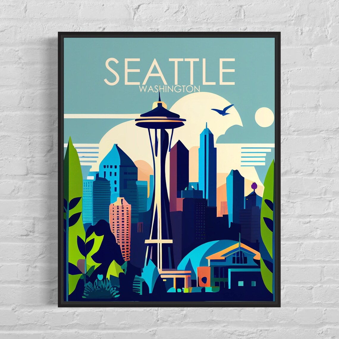 Seattle Washington Space Needle Skyline at Dusk Retro Travel Poster