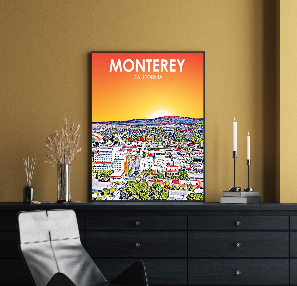 Monterey California Colorful Sunset Skyline City Travel Poster - Image 2