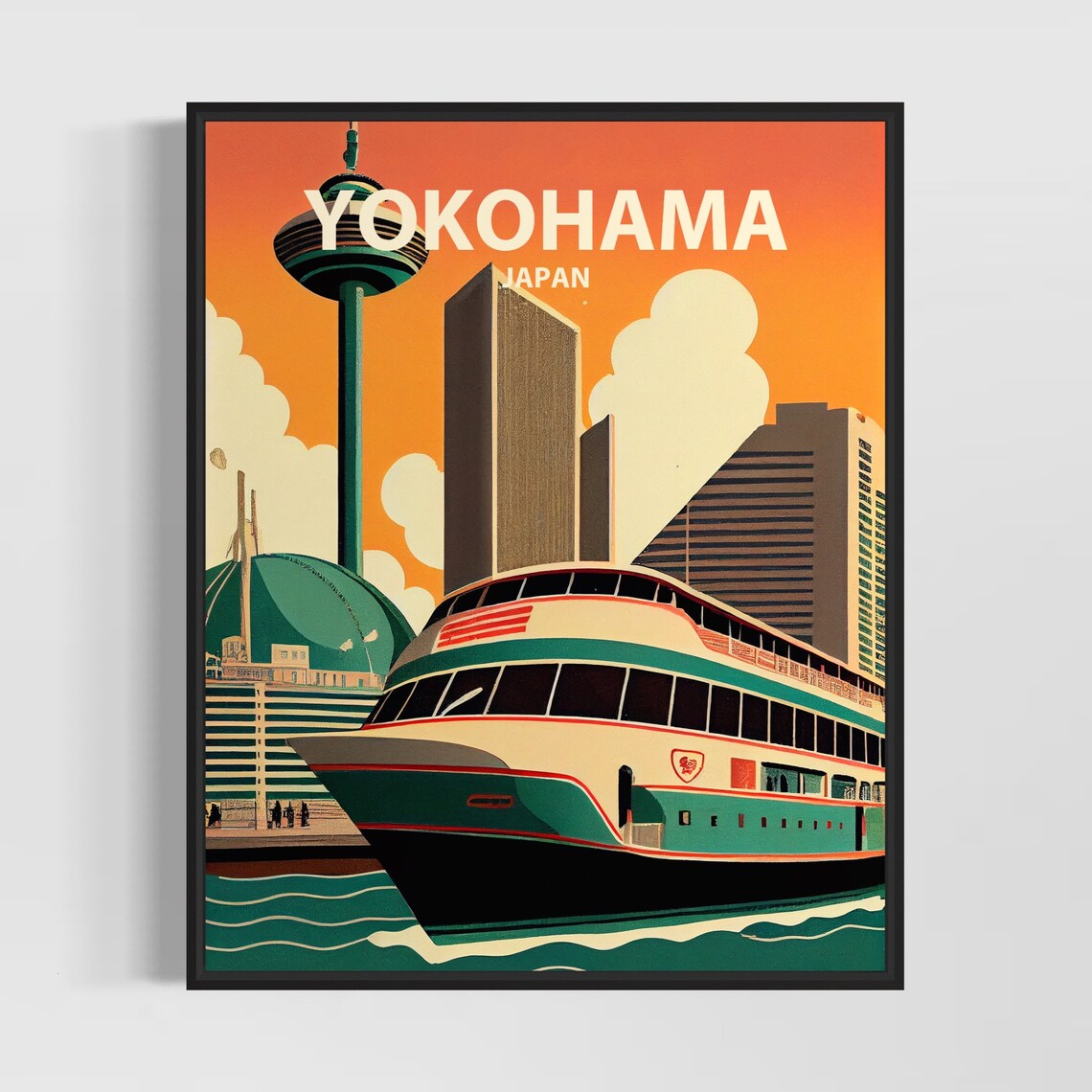 Yokohama Japan Harbor Ferry Marine Tower Sunset Retro Poster