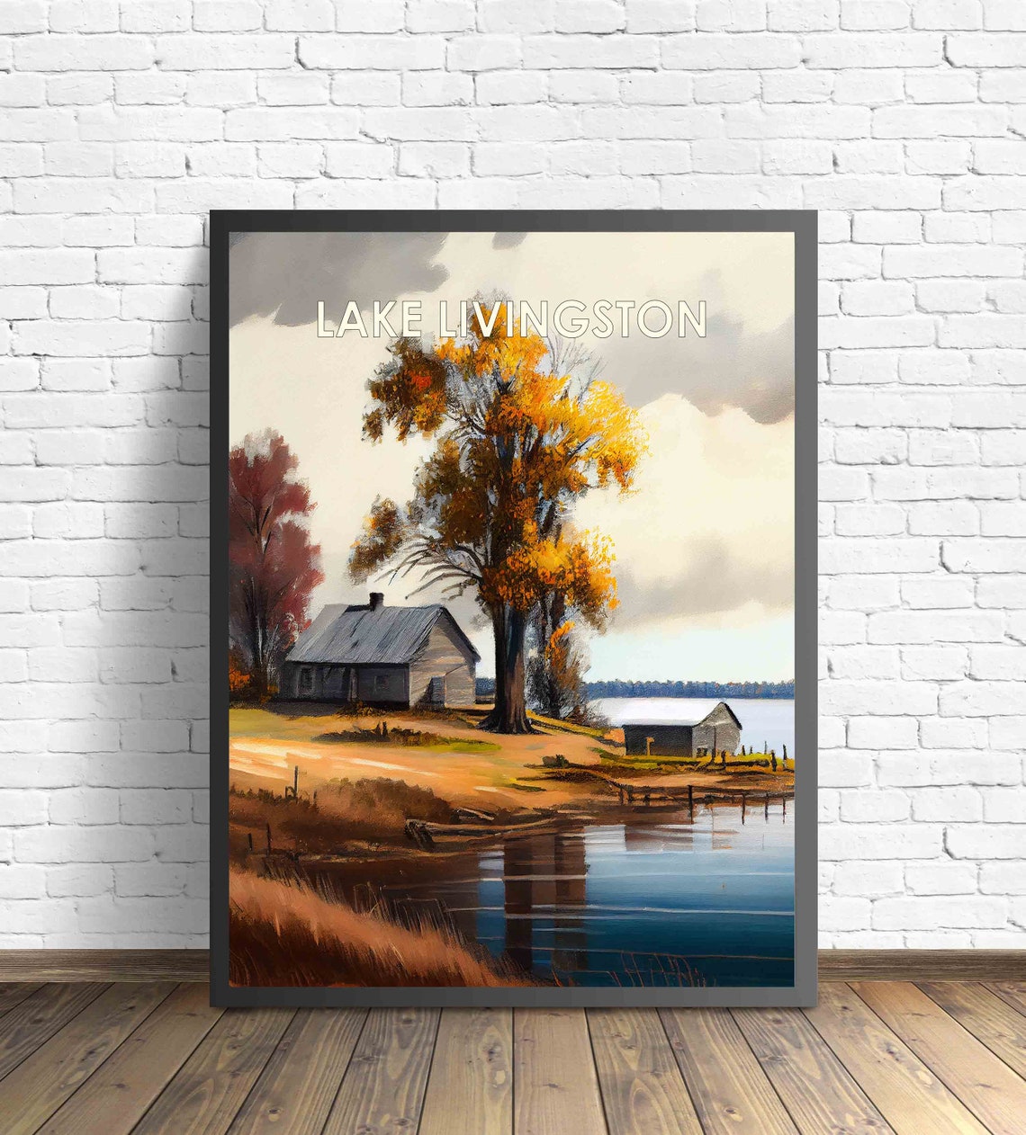 Lake Livingston Texas Retro Poster with a Lakeside Cabin at Sunset