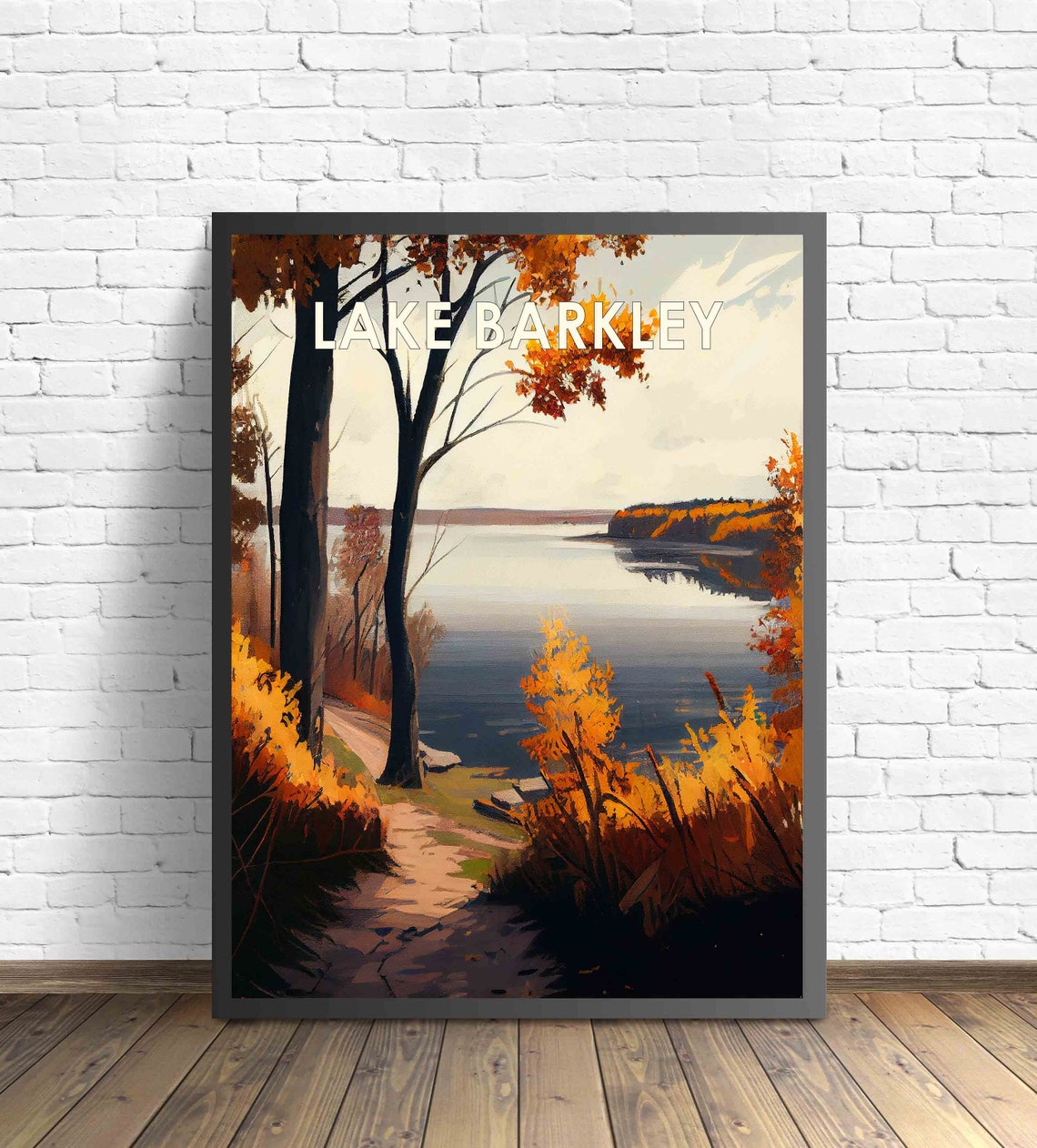 Autumn Lakeshore Golden Foliage Path Retro Travel Scene Poster