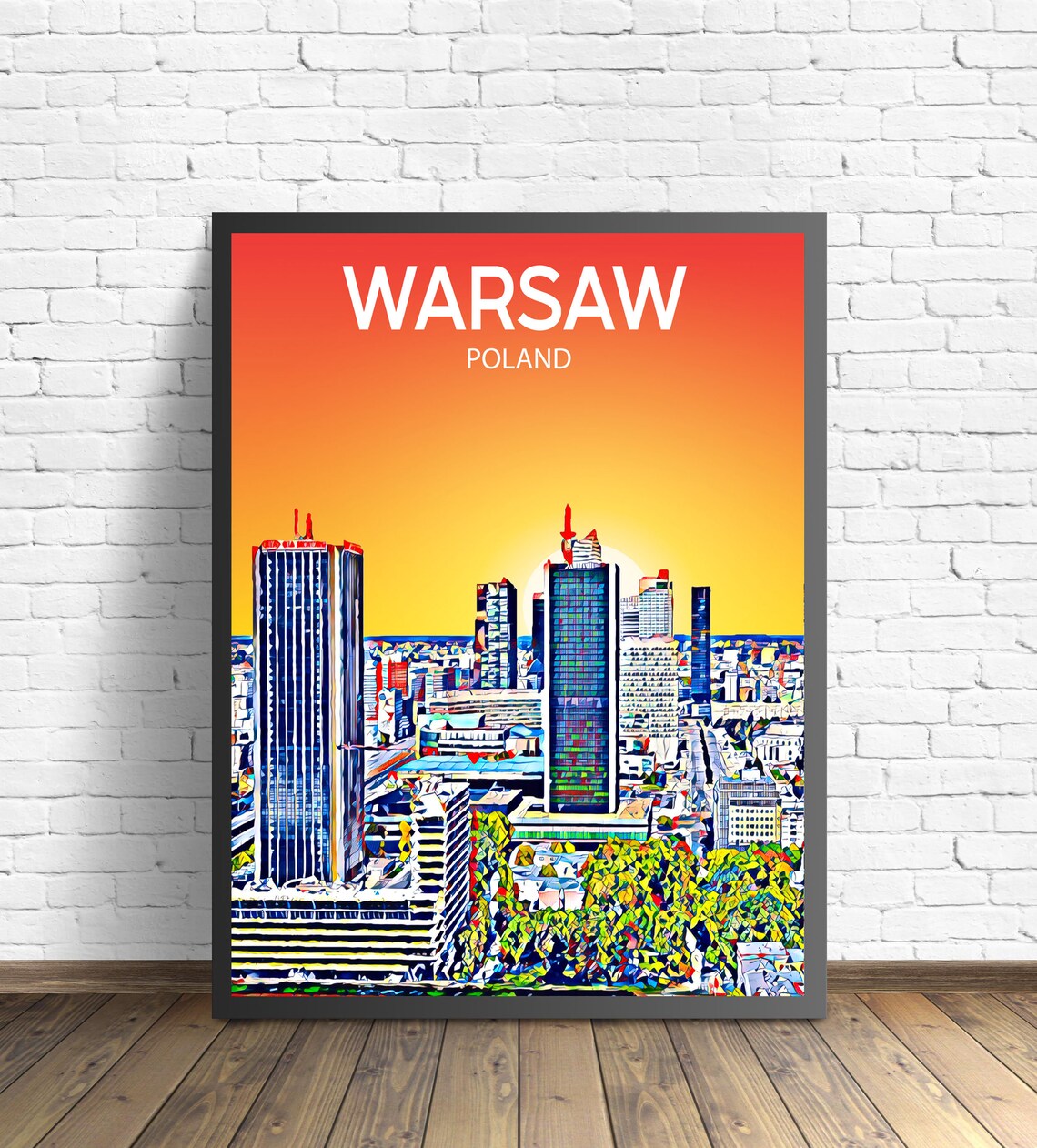 Warsaw Poland Colorful Pop Art City Skyline Sunset Travel Poster