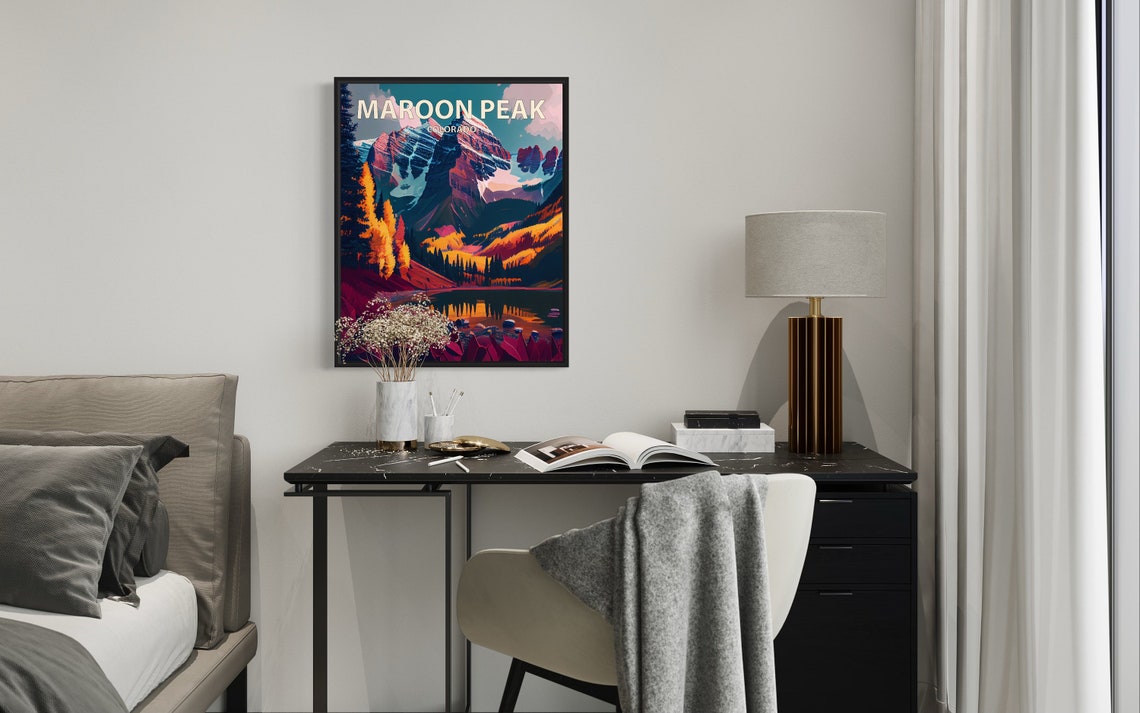 Maroon Peak Colorado Striped Cliffs Lake Reflection Fall Art Poster - Image 2