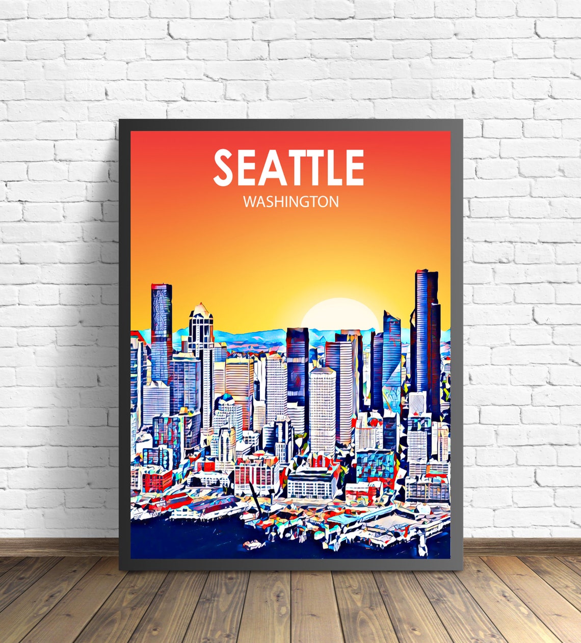 Seattle Washington Sunset Downtown Harbor Skyline Painted Art Poster