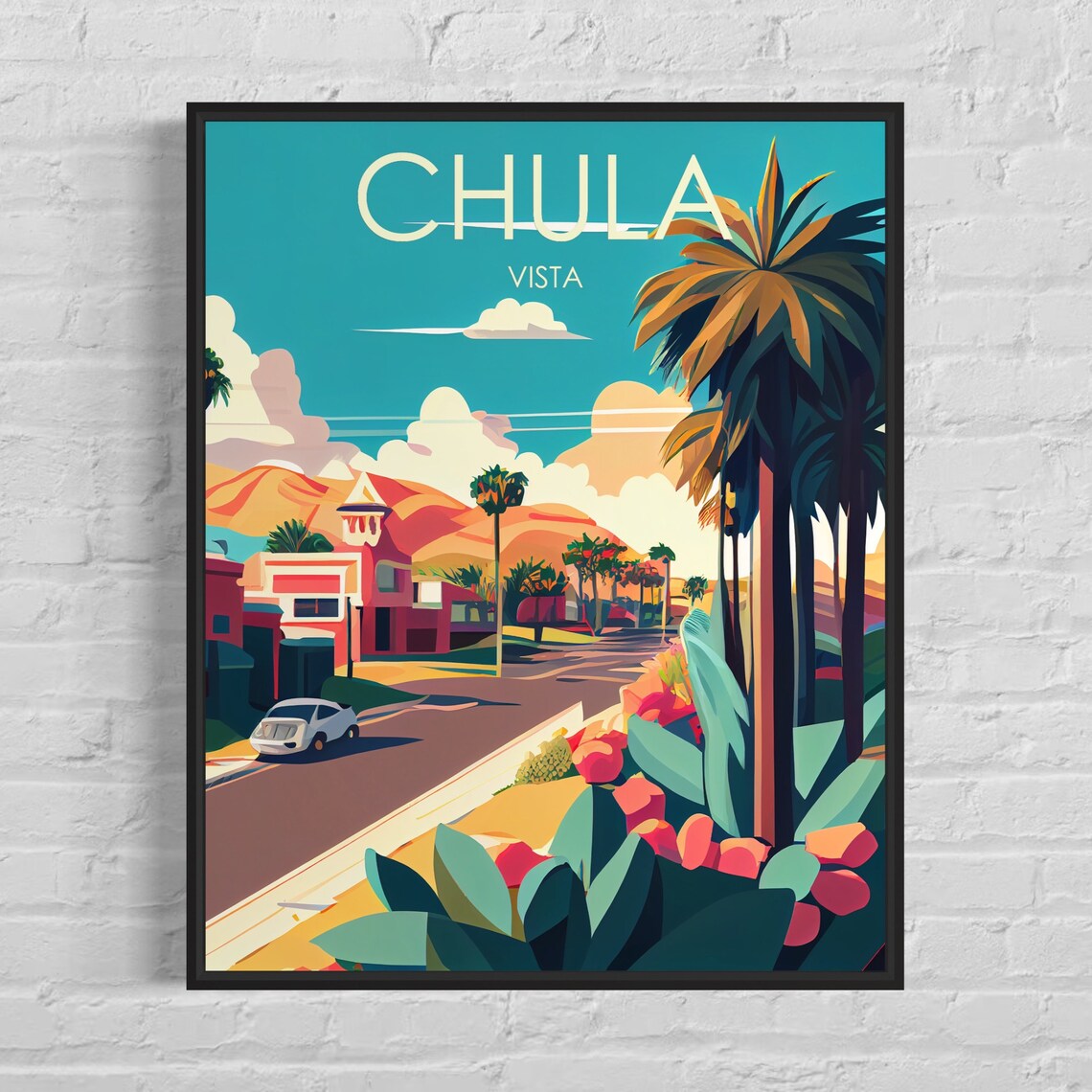 Chula Vista California Palm Lined Street Vintage Scene Travel Poster