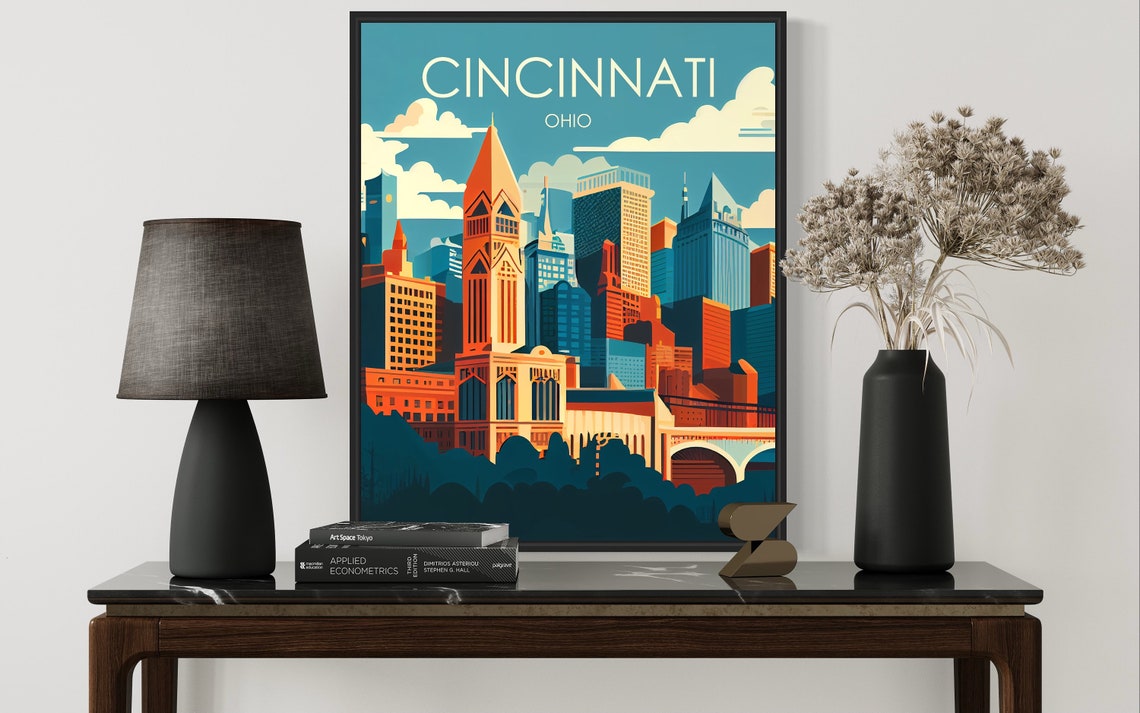 Cincinnati Ohio City Skyline Sunset Tower Retro Travel Poster - Image 2