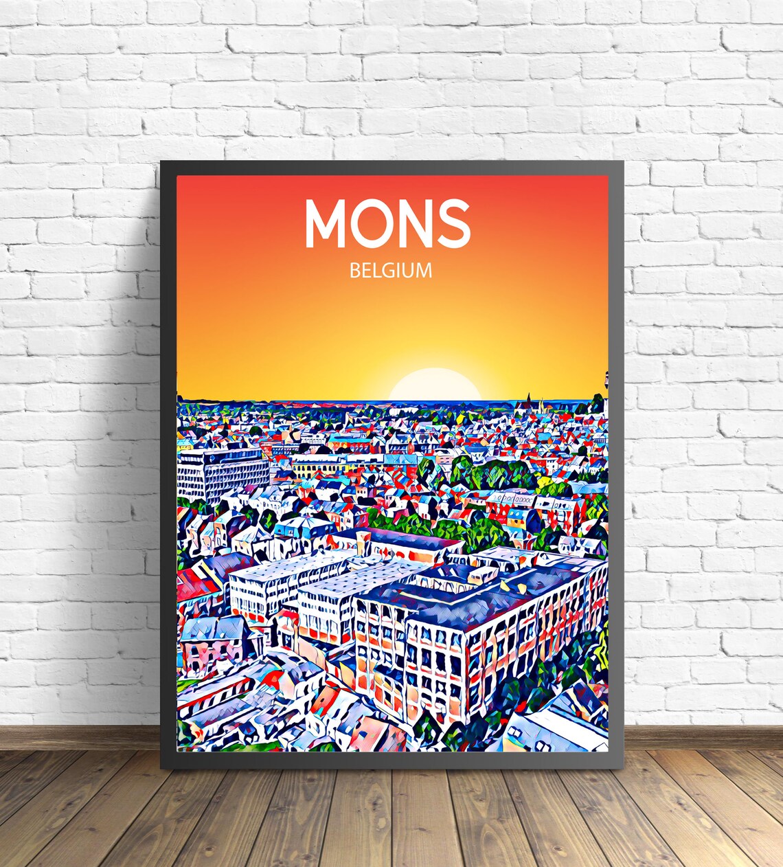 Mons Belgium Historic Rooftops Golden Sunset Skyline City Art Poster
