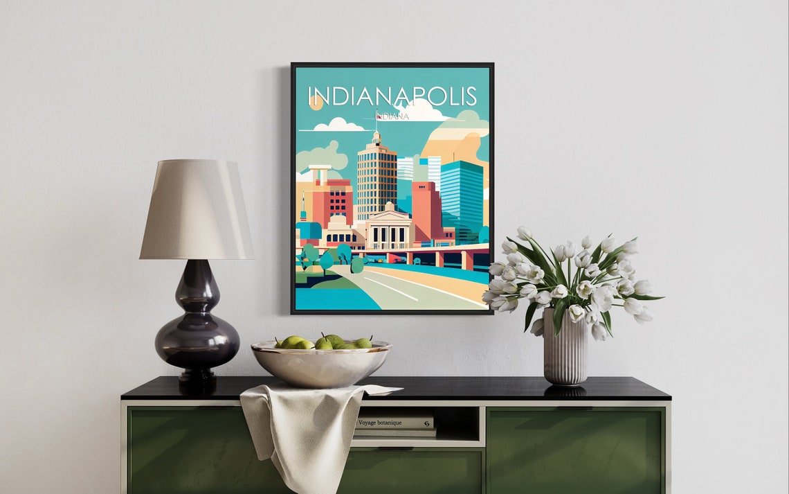 Indianapolis Indiana Retro Skyline Poster with Sunny Downtown - Image 2