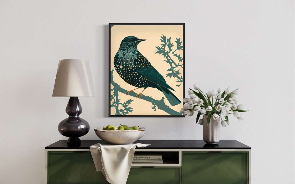 Starling Bird Retro Speckled Plumage Branch Illustration Poster - Image 2