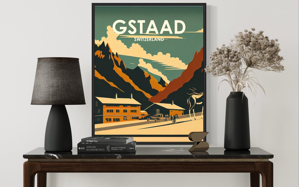 Gstaad Switzerland Snowy Alpine Peaks Ski Lodge Retro Travel Poster - Image 2
