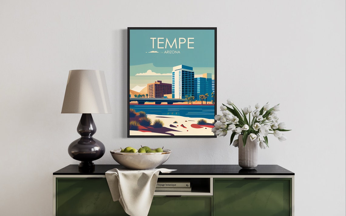 Tempe Arizona Skyline Poster with Town Lake Bridge and Palms - Image 2