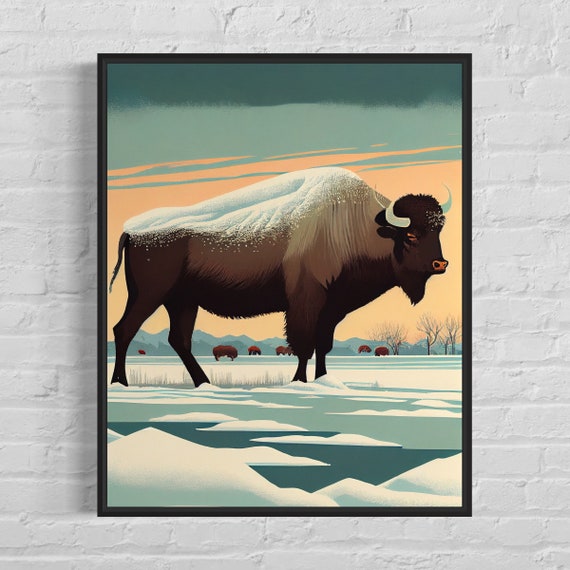 Snow Covered Bison Winter Frozen Prairie Majestic Wildlife Scene Poster