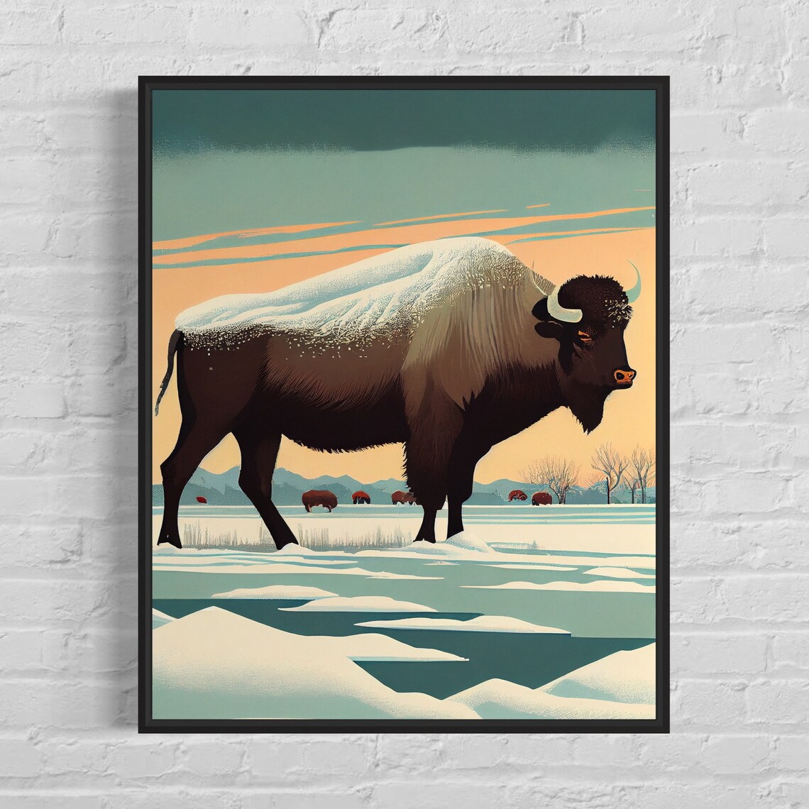 Snow Covered Bison Winter Frozen Prairie Majestic Wildlife Scene Poster