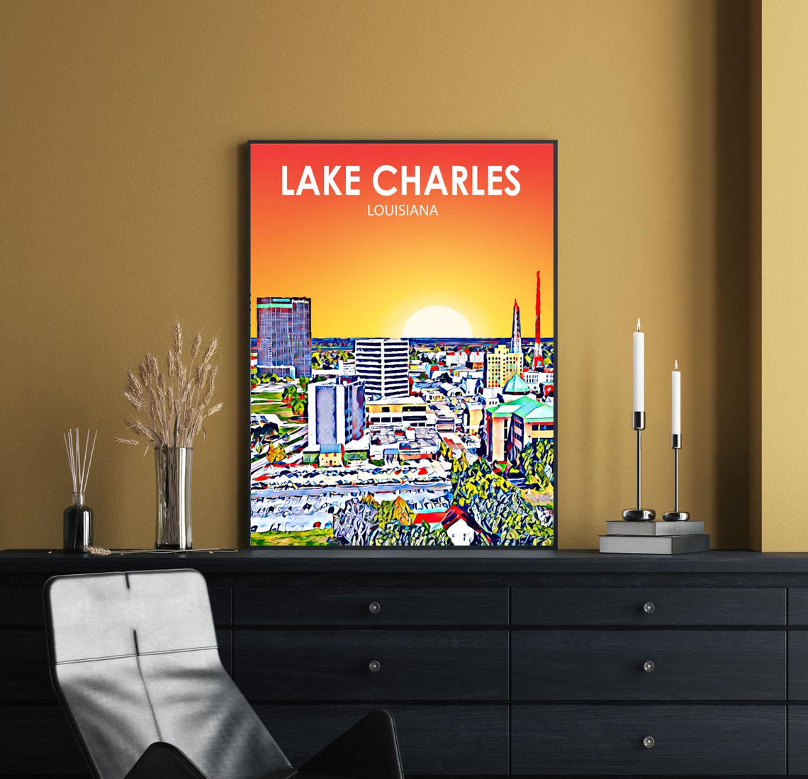 Lake Charles La Art Poster Louisiana Sunset Landscape Poster Print Lake Charles City Wall Art Colorful Skyline Sketch Photo - Image 2