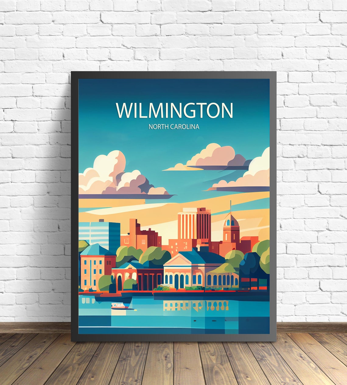 Wilmington North Carolina Sunset Riverfront Skyline Art Poster