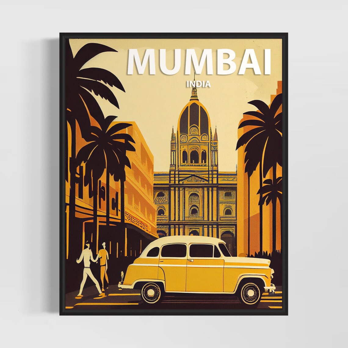 Mumbai India Classic Taxi and Colonial Landmark Travel Poster