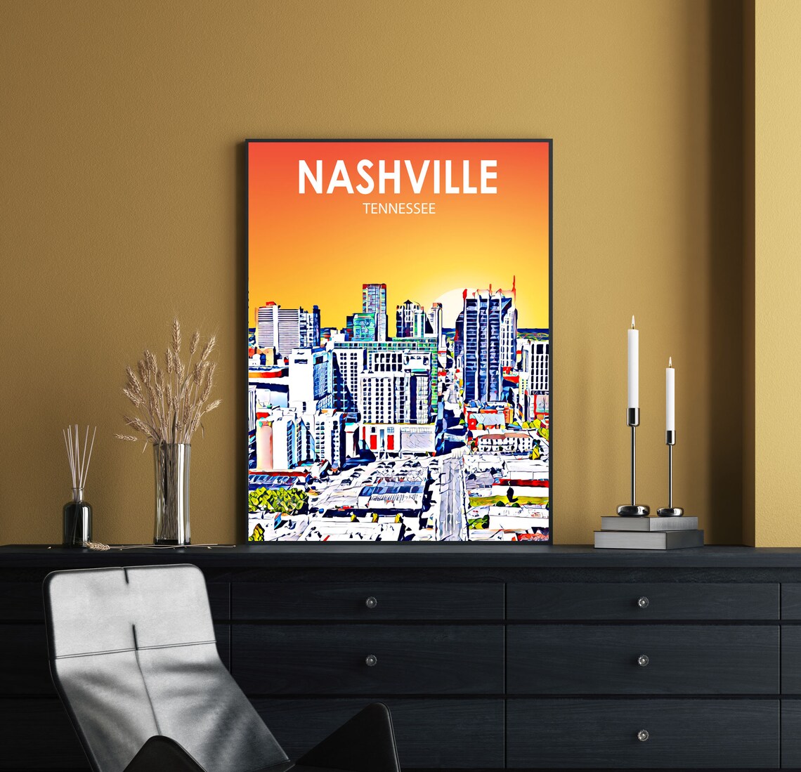 Nashville Tennessee Colorful Sunset Skyline City Travel Poster - Image 2