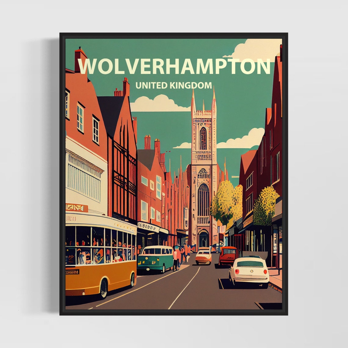 Wolverhampton United Kingdom Retro Street Church Tower Poster