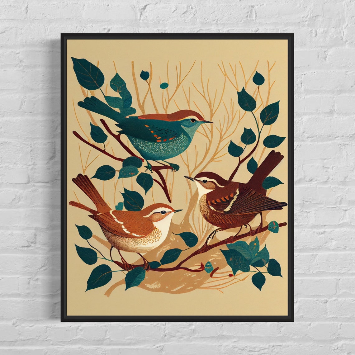 Three Wrens Branch Botanical Vintage Style Bird Song Art Poster