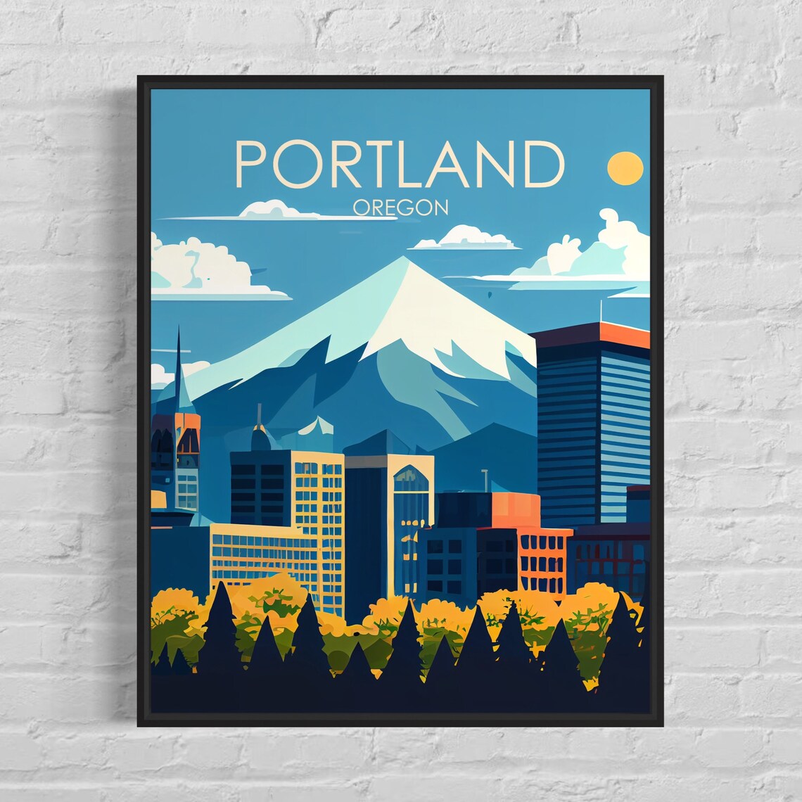 Portland Oregon Skyline With Mount Hood Vintage Travel Poster
