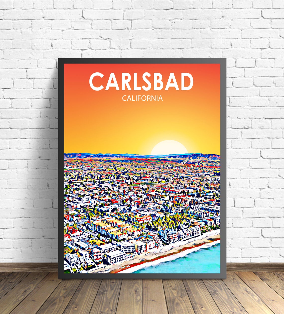 Vibrant Carlsbad California Sunset Aerial Cityscape Travel Poster