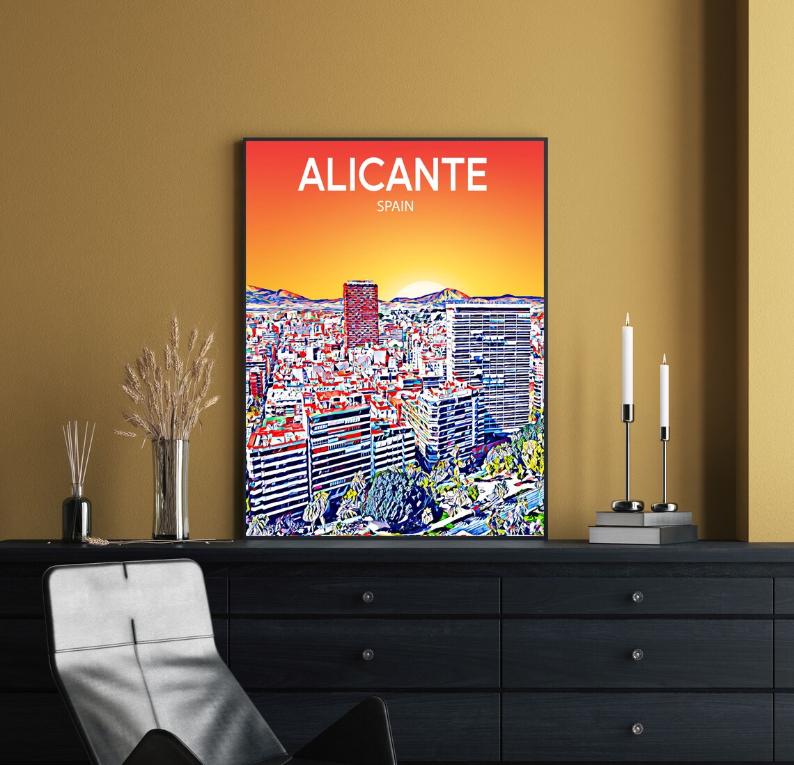 Alicante Spain Sunset Skyline Striped Towers Travel Poster Art - Image 2
