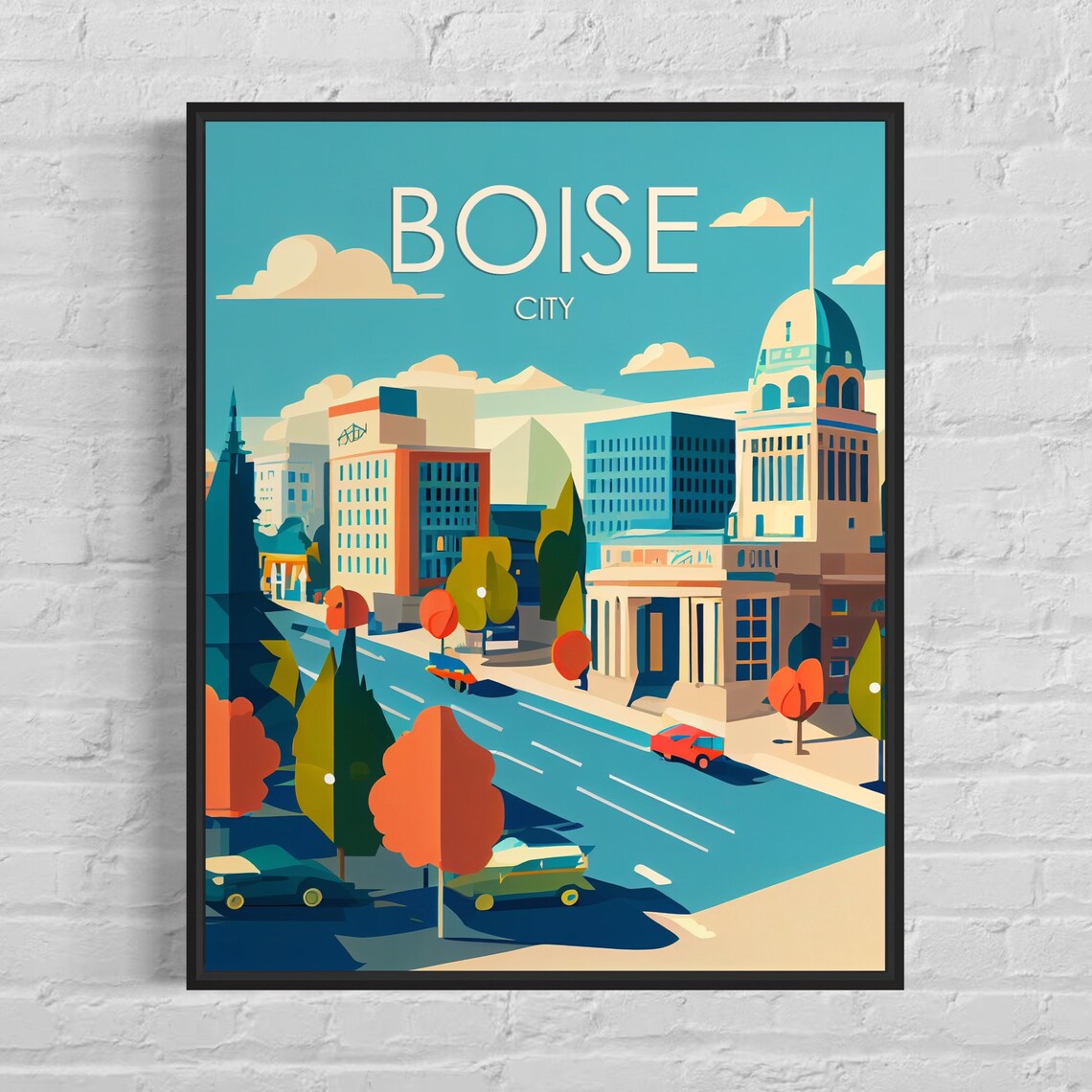 Boise City Idaho Capitol Dome Autumn Street Vibrant Scene Poster