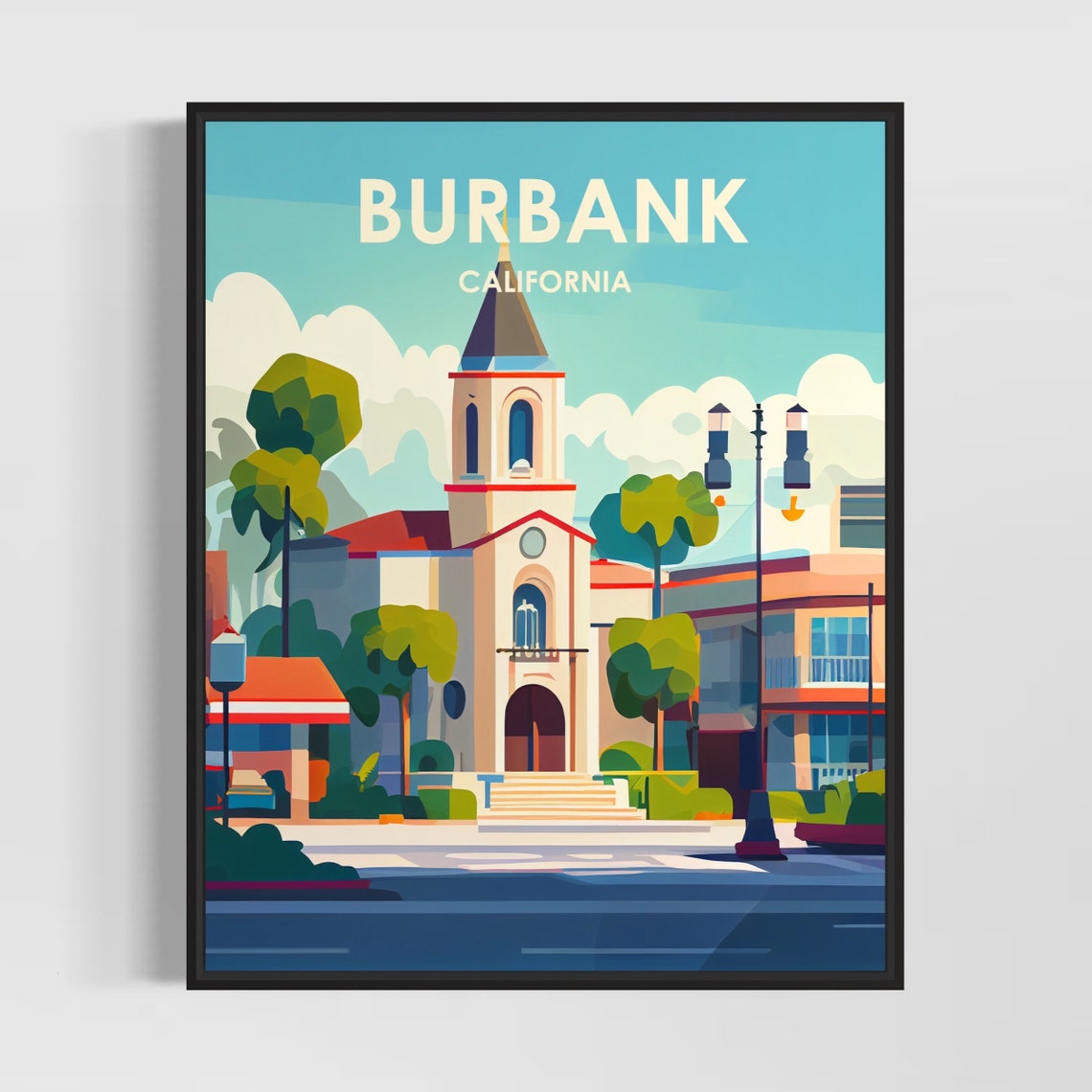 Burbank California Retro Bell Tower Mission Street Scene Poster
