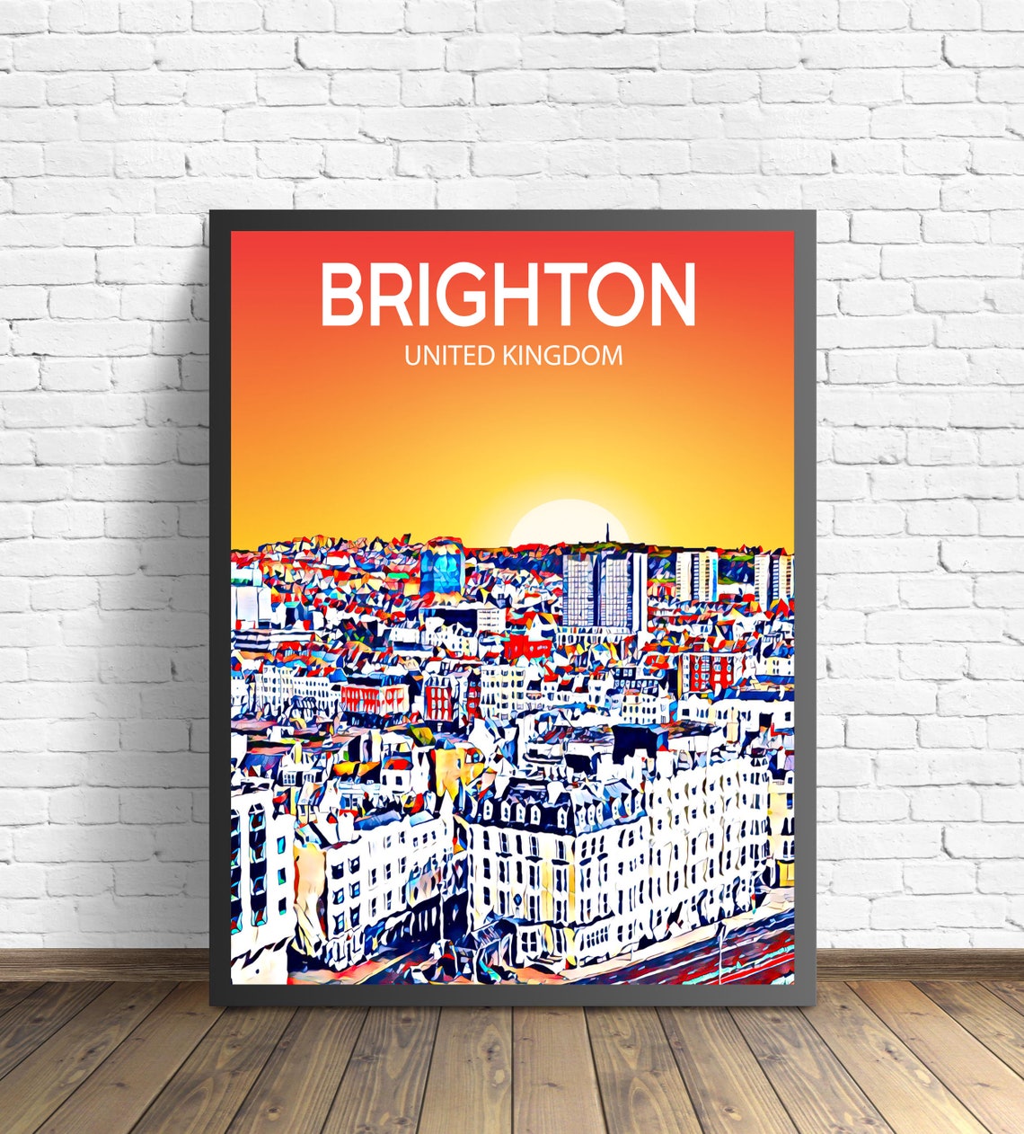 Brighton United Kingdom Sunset Skyline Sketch Art Travel Poster