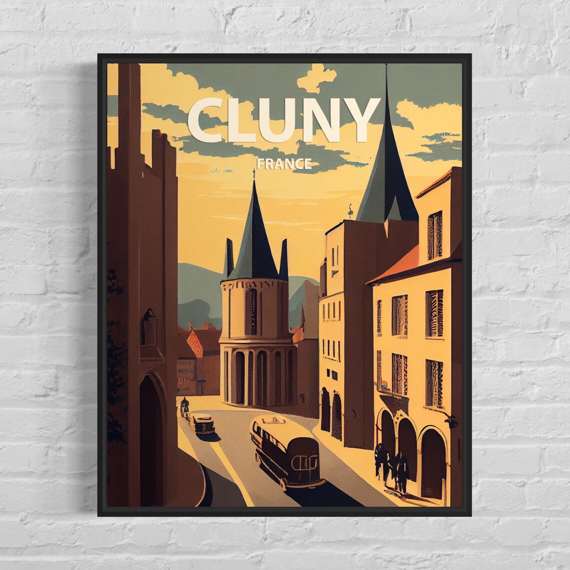 Cluny France Charming Old Town Church Spire Sunset Travel Poster