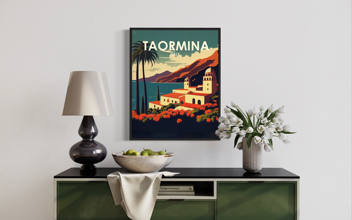 Taormina Italy Sicilian Coast Red Flowers Villa Retro Travel Poster - Image 2
