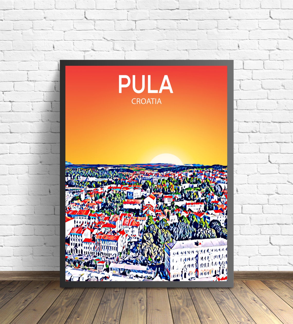 Pula Croatia Sunset Cityscape Red Roofs Istrian Coast Art Poster