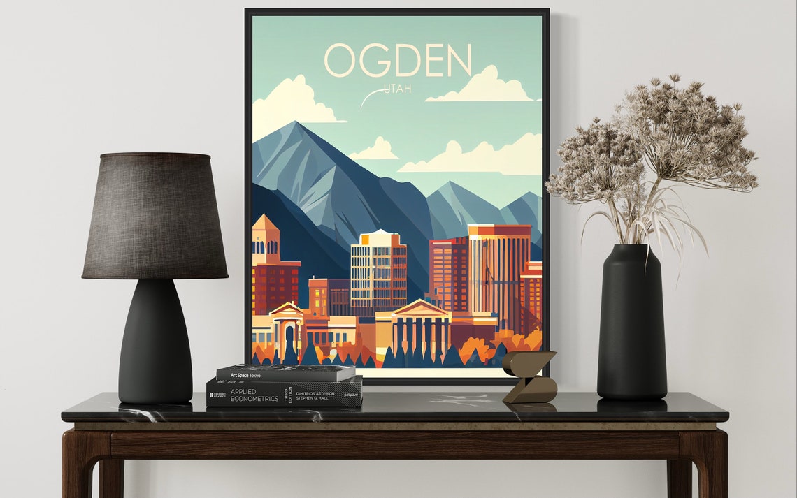 Ogden Utah City Skyline Mountain Backdrop Retro Travel Poster - Image 2