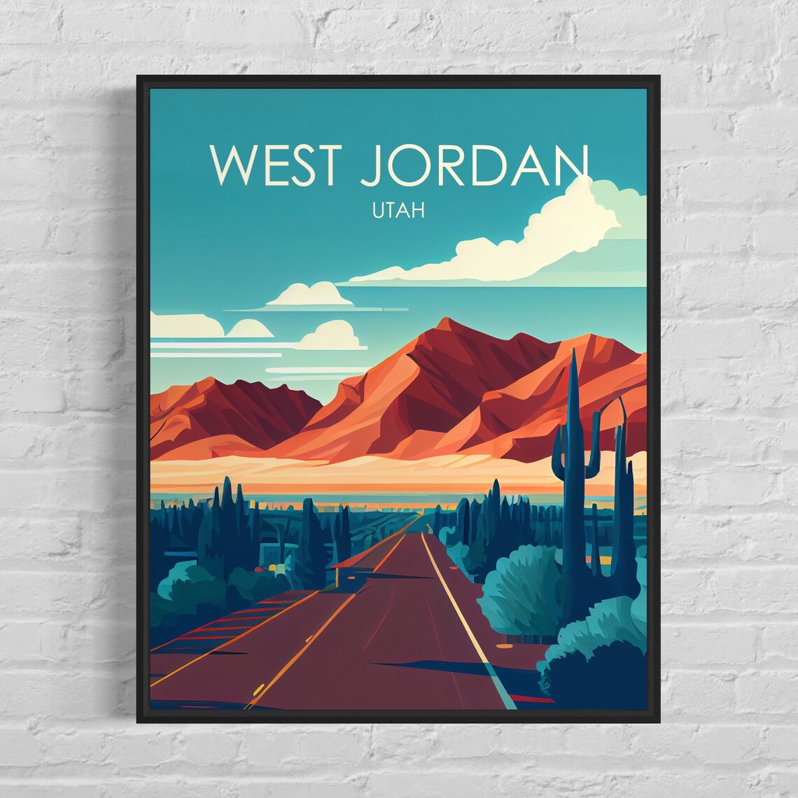 West Jordan Utah Desert Road Red Mountains Vintage Cactus Poster