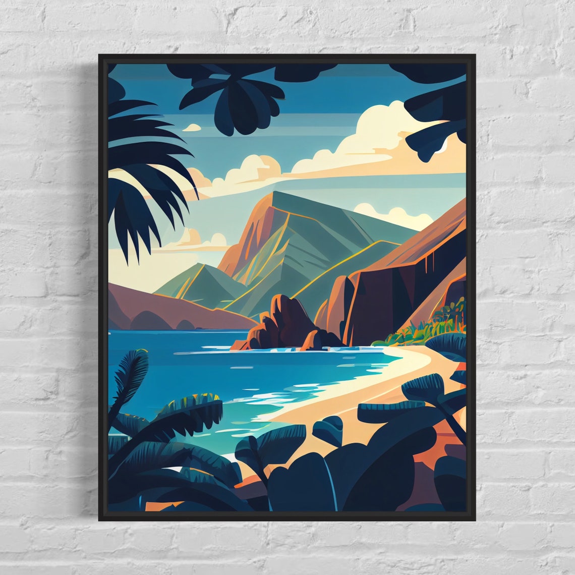 Tropical Island Beach Palms And Cliffs Vintage Style Travel Poster