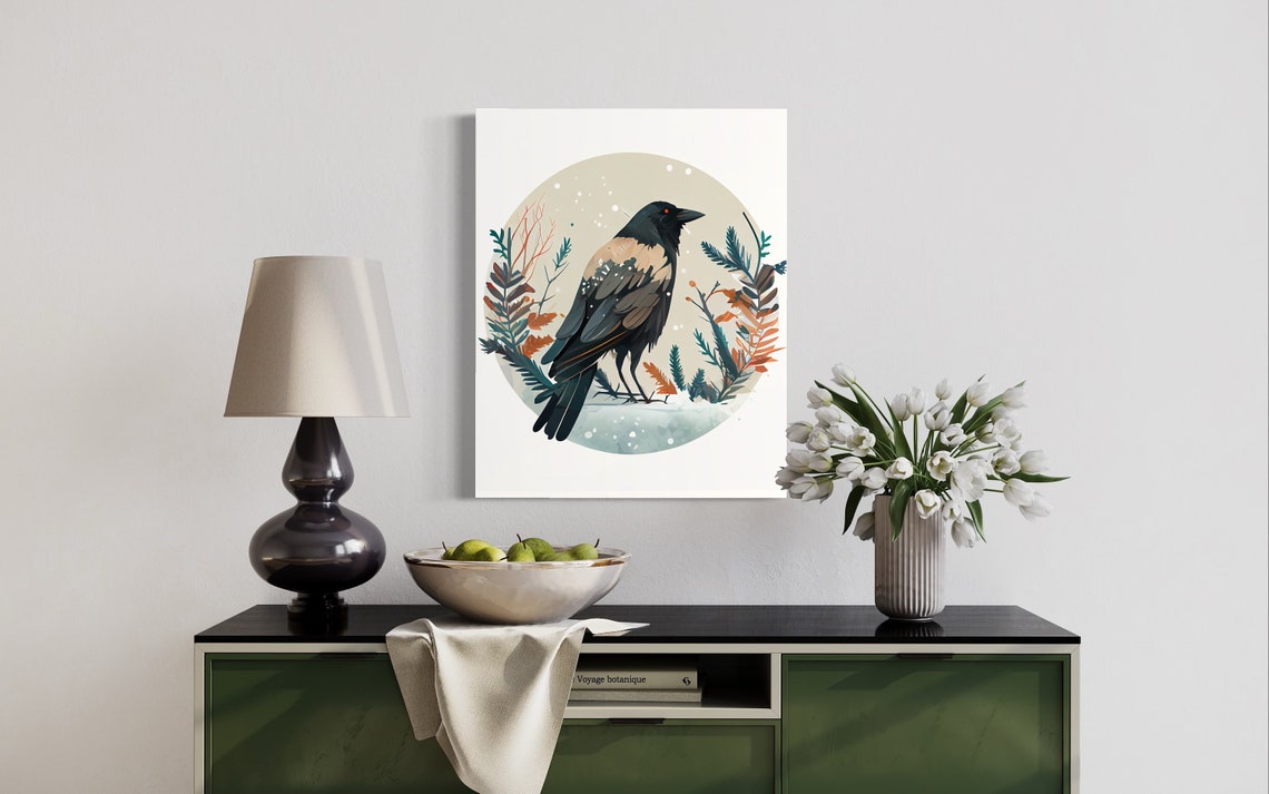 Hooded Crow Winter Foliage Circle Snow Botanical Illustration Poster - Image 3