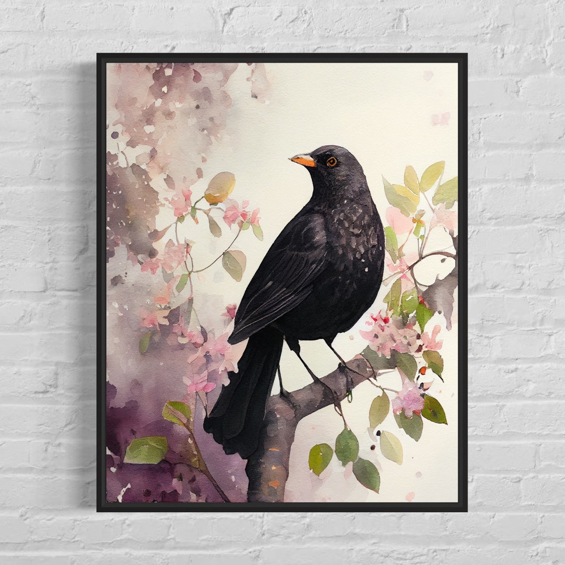 Blackbird Watercolor Bird Perched on Pink Blossom Branch Nature Poster
