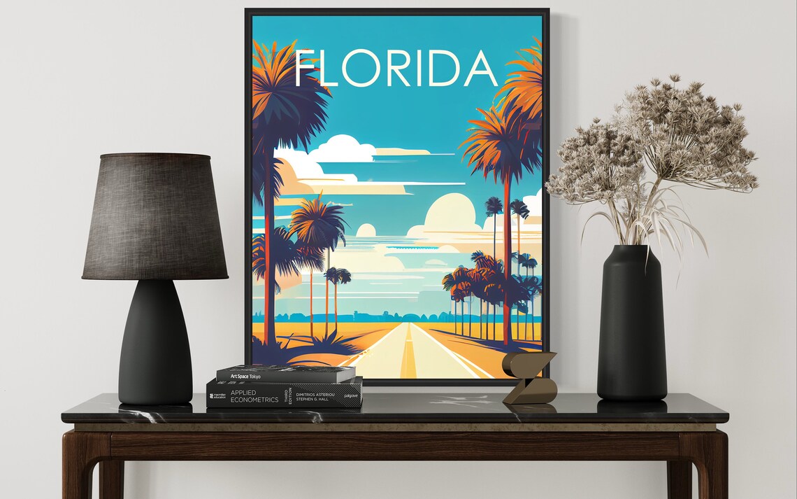Florida Sunset Palm Tree Lined Highway Road Retro Travel Poster - Image 2