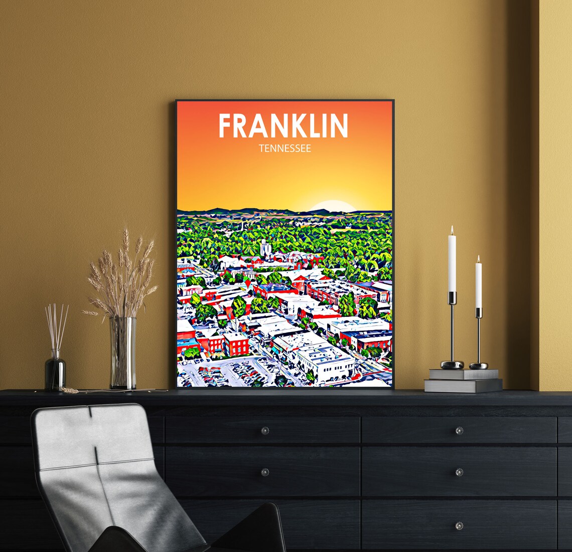 Franklin Tennessee Sunset Historic Downtown Colorful Aerial Poster - Image 2