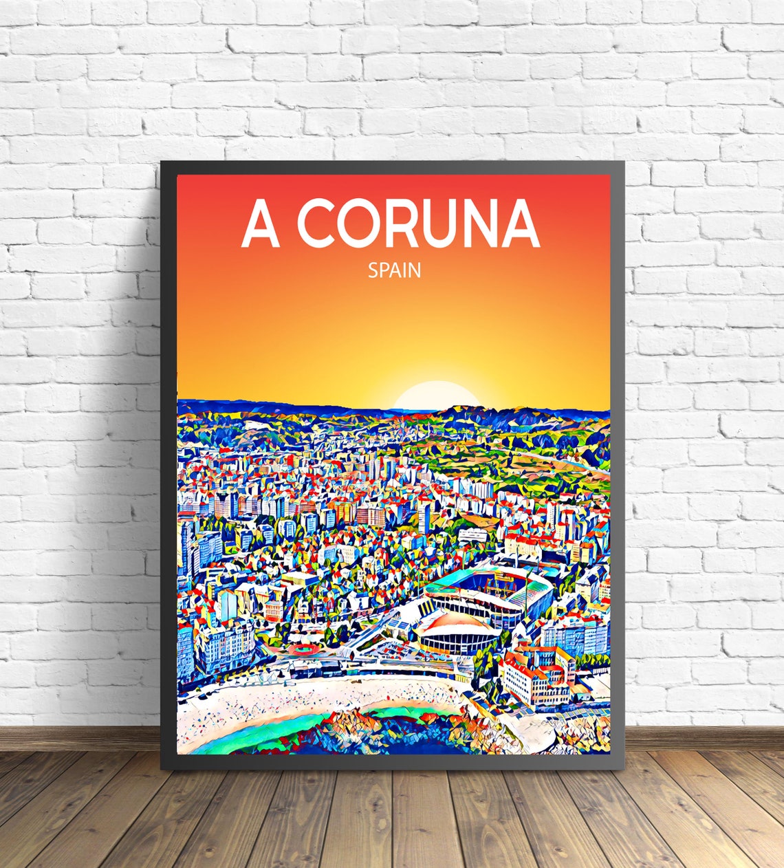 A Coruna Spain Coastal City Beach Sunset Sketch Poster Art Gift
